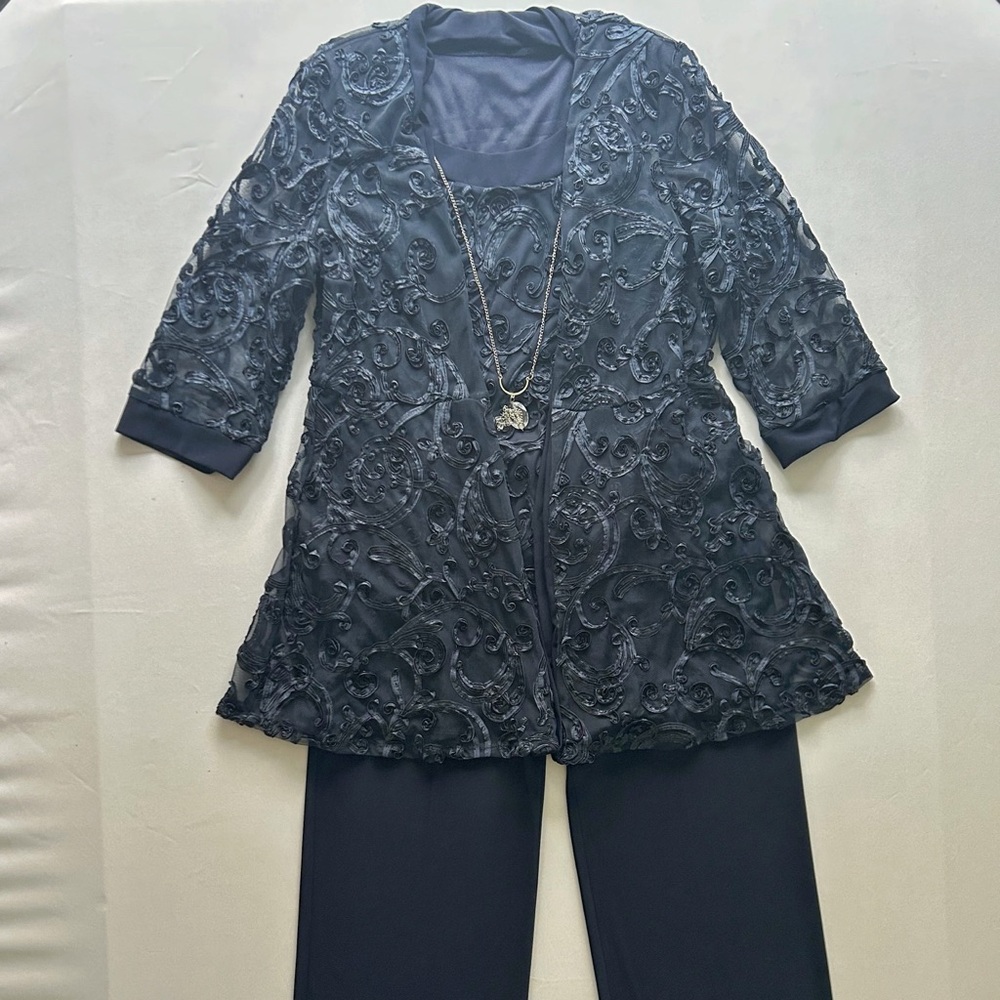 R&M Richards Navy Blue 3-Piece Outfit Jacket Tank Pants Floral Lace Size 12